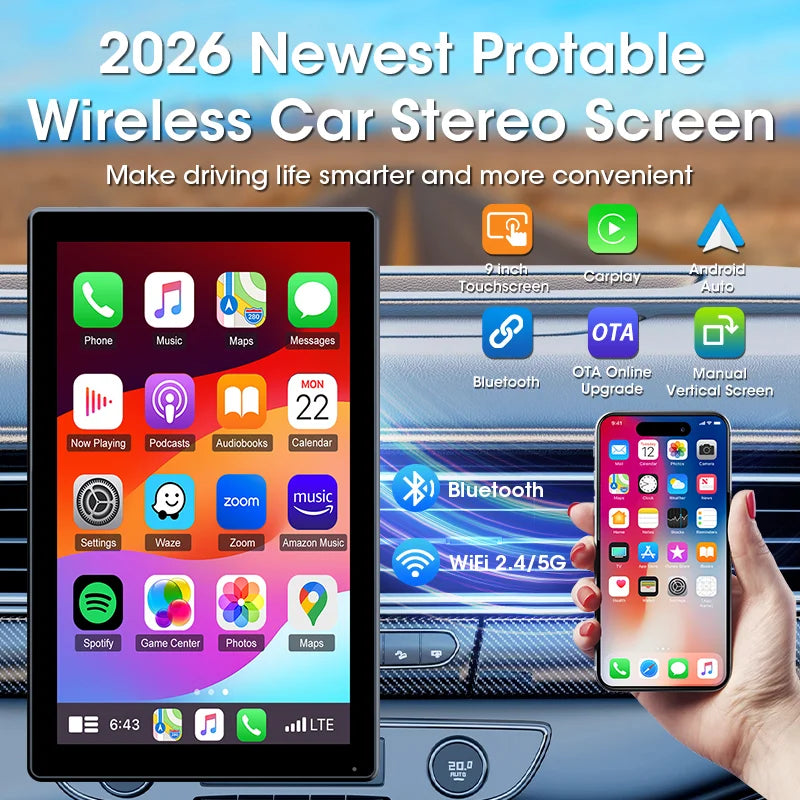 Pro 9" Wireless CarPlay Screen Android Auto Universal